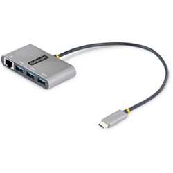 3-Port USB-C Hub with Ethernet - 3x USB-A - Gigabit Ethernet - USB 3.0 5Gbps - Bus-Powered - 1ft/30cm Long USB Type-C Host Cable - GbE - Portable USB-C to USB-A Hub