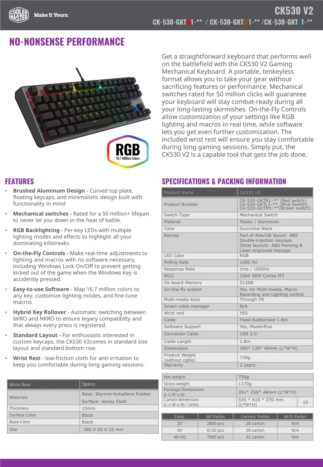 Cooler Master Ck530 V2 Rgb Mechanical Keyboard Ten Keyless Wrist Rest Cherry Red Switch Itnest Australia