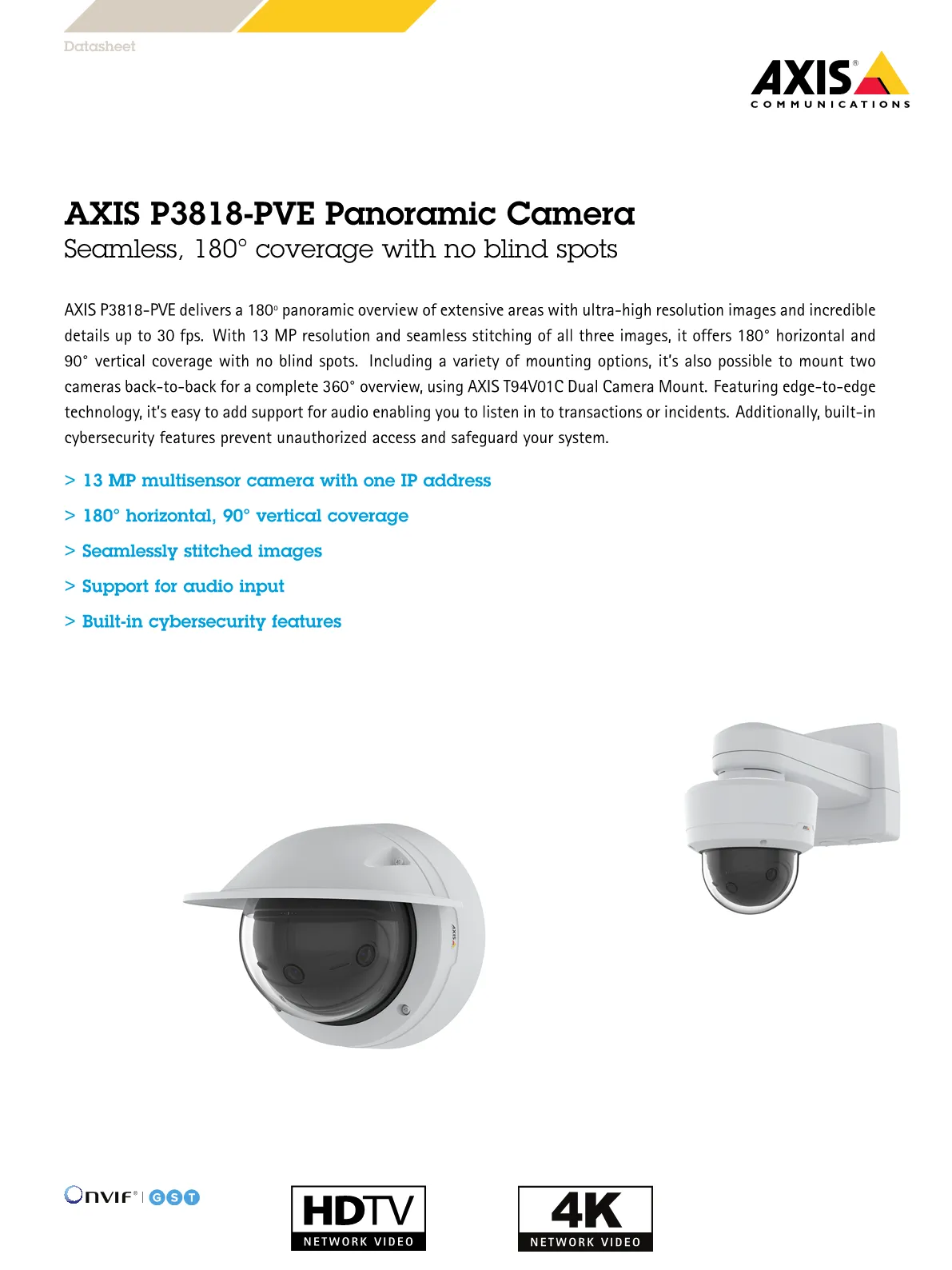 02060-001 - Axis Camera P3818-PVE Dome 13MP 180/DEG