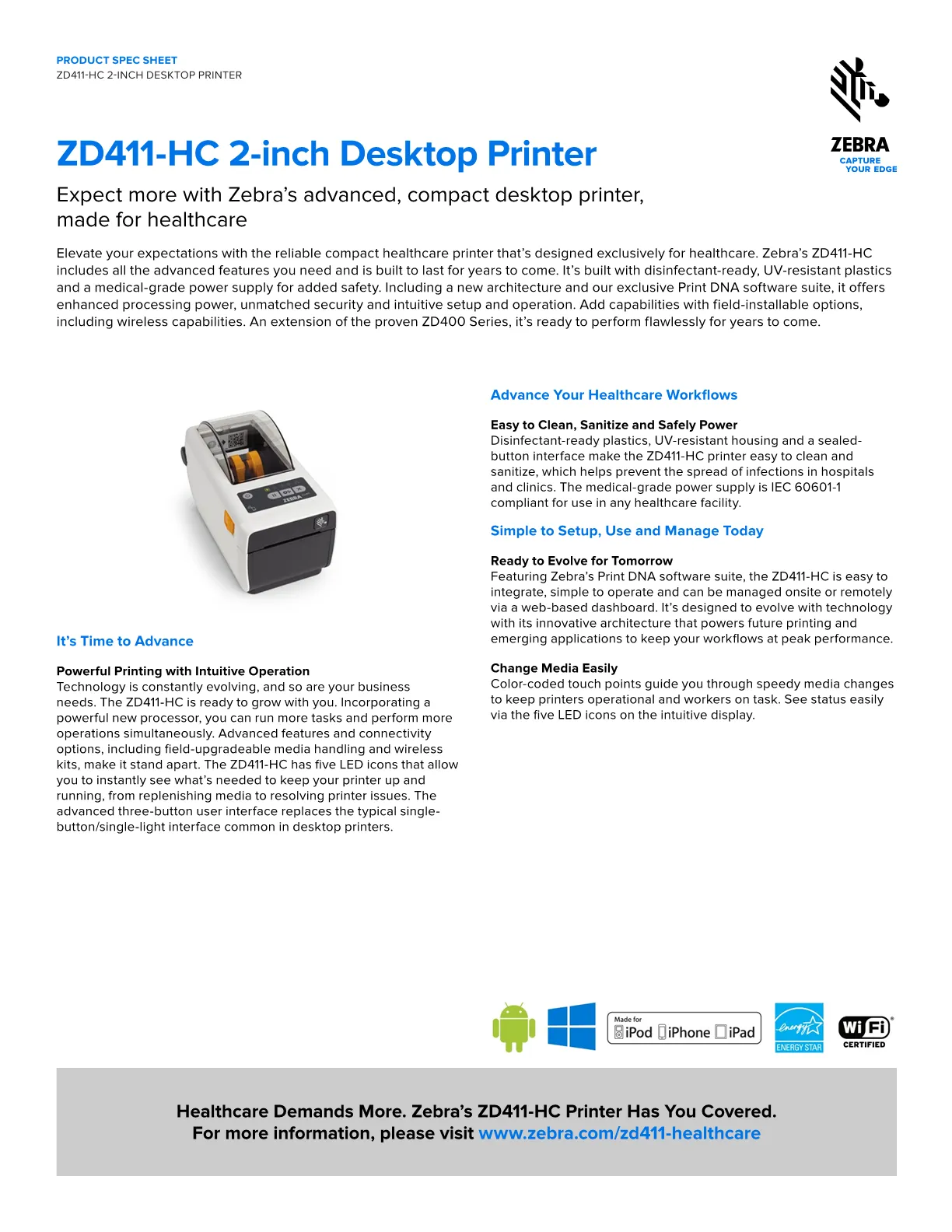 ZEBRA Direct Thermal Printer ZD411; 203 dpi, USB, USB Host, Ethernet, BTLE5, US Cord, Swiss Font, EZPL - 4